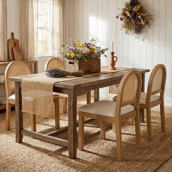 LAZZO Dining Chairs Set of 4, Farmhouse Upholstered Rattan Chairs with Chenille Seat for Kitchen Dining Room, Natural Wood