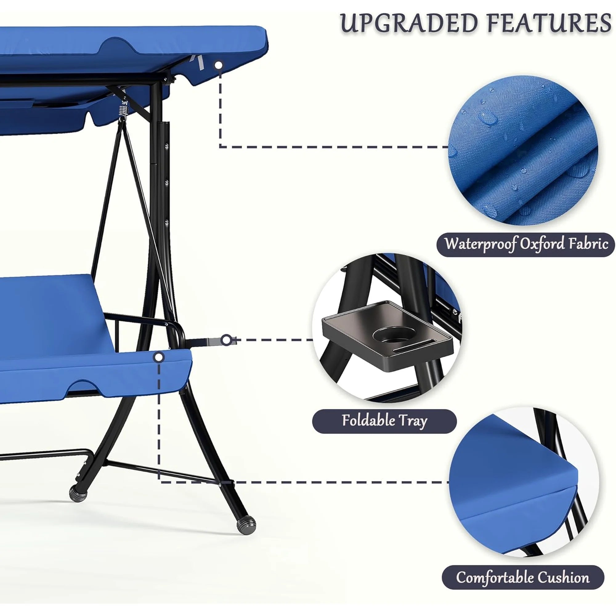 LAZZO 3-Seat Outdoor Porch Swing with Stand, Reclining Lounge Bed Convertible, Adjustable Canopy & Removable Cushions, Blue