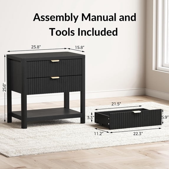 LAZZO Nightstands Set of 2, Modern Wooden Nightstand with 2 Drawers & Open Storage Shelf for Bedroom, Black