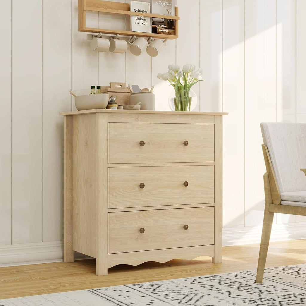 LAZZO 3-Drawer Dresser, 34" Tall Wood Chest of Drawers with Metal Handles for Bedroom and Living Room, Natural Wood