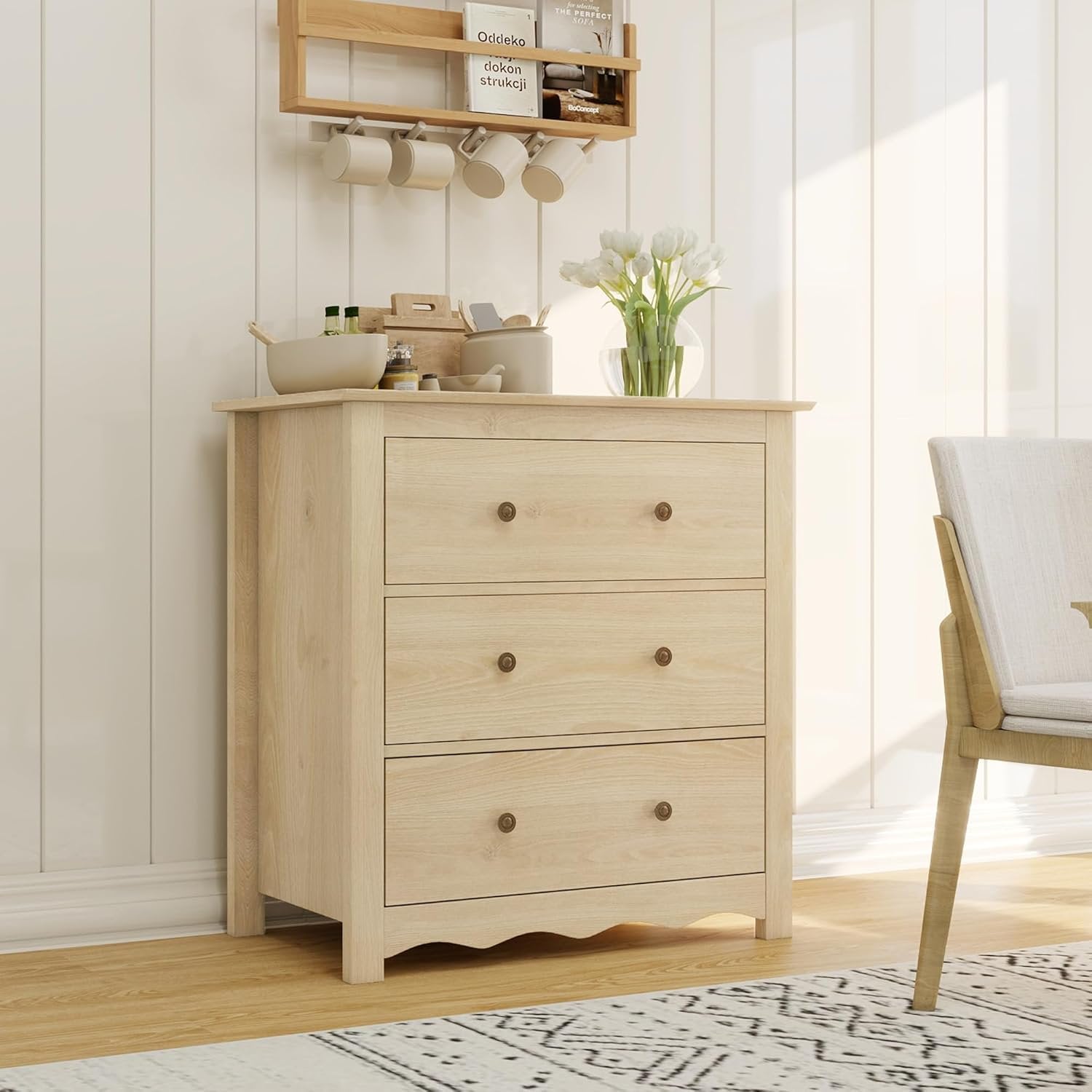 LAZZO 3-Drawer Dresser, 34" Tall Wood Chest of Drawers with Metal Handles for Bedroom and Living Room, Natural Wood