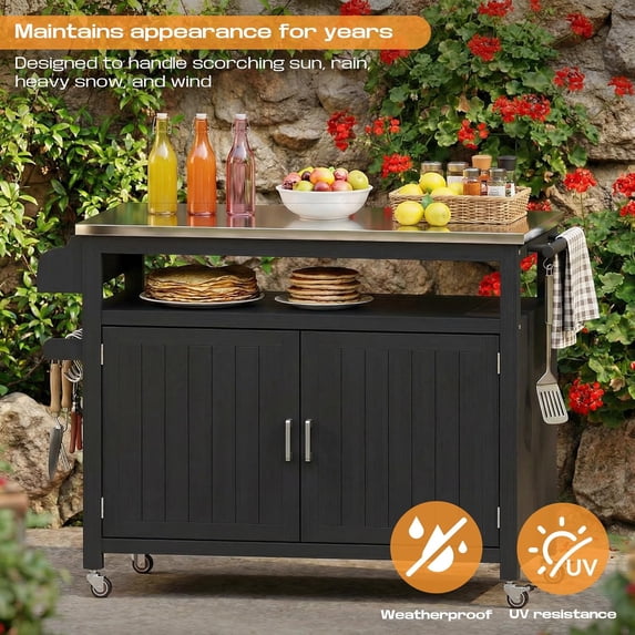 LAZZO Outdoor Grill Cart with Storage Cabinet, 43.3" Kitchen Island Station with Stainless Steel Top, Black