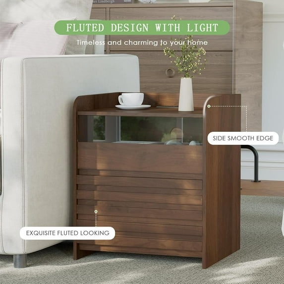 LAZZO Nightstand Set of 2 , Modern 2-Drawer Nightstand with LED Lights and Charging Station for Bedroom, Dark Walnut Finish