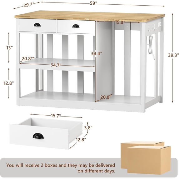 LAZZO 59" Farmhouse Kitchen Island with Storage, Fridge Space and Power Outlets for Small Spaces, White
