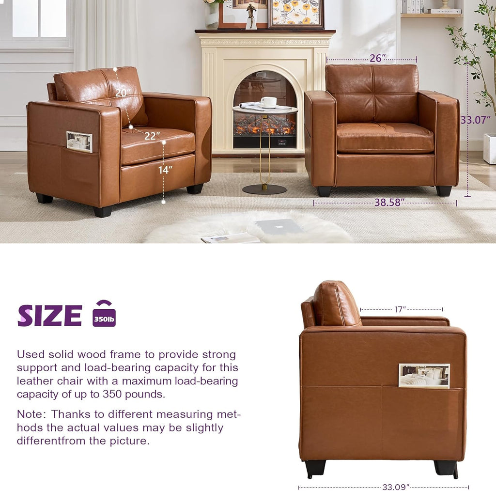 TYBOATLE Brown Faux Leather Accent Chair Set of 2, Comfy Living Room Chair Reading Oversized Accent Chairs Tufted Mid Century Modern Arm Chair, 38.58" Wide Armchair for Office Bedroom Lobby