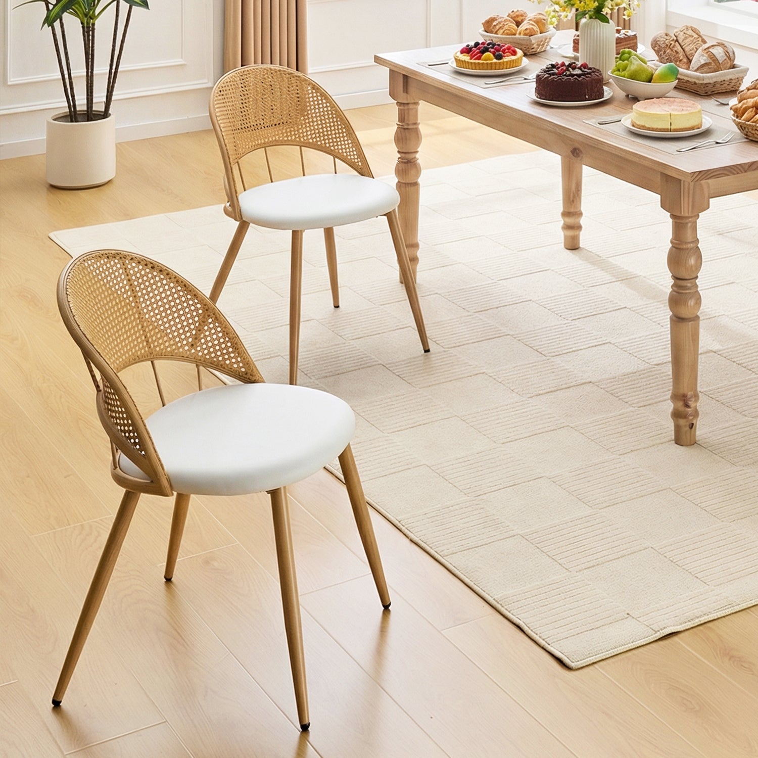 TYBOATLE Rattan Dinner Chairs Set of 2 with Faux Leather Cushion, Modern Dining Room Chairs w/Adjustable Foot Pads, Boho Kitchen Chairs Mid Century Upholstered, White