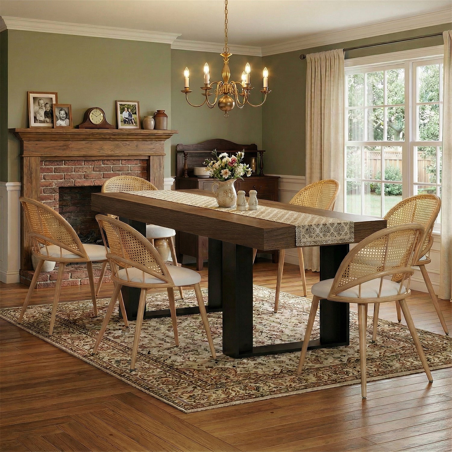 TYBOATLE 71''-87'' Extendable Dining Table Set for 6, Farmhouse Wooden Dining Room Table Set, 7 Piece Dinner Table Set with Upholstered Rattan Dining Chairs (Brown & White, 71''-87''- 6 Chairs)