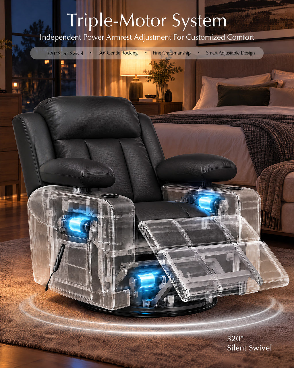 AODAILIHB Power Swivel Recliner Chair w/ Motorized Adjustable Armrests,320° Swivel Gentle Rocking M1 M2 Memory Remote Control Nursing Glider w/ Storage Pockets Cup Phone Holder for Breastfeeding Living Room