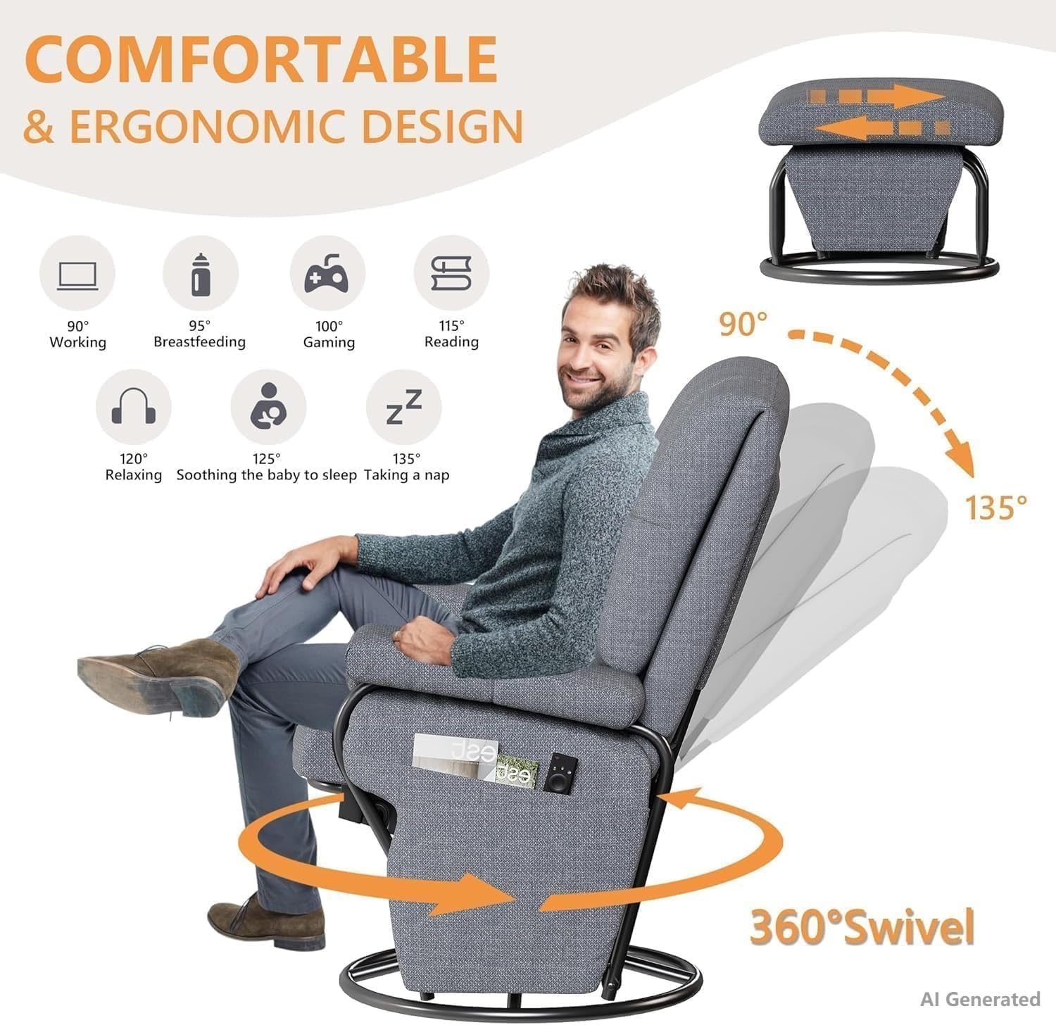 JIASTING 360° Swivel Recliner Chair with Ottoman & Double Side Pockets, Nursing Glider Rocking Recliner Chair, Gliding Chairs for Nursery, Living Room, Bedroom, Office (Gray)