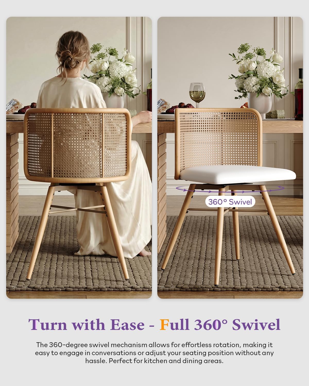 TYBOATLE Swivel Rattan Dining Chiars Set of 4, Farmhouse Boho Dining Room Chair with Rattan Woven Back and Faux Leather Seat, Upholstered Kithchen Chairs for Dining Table