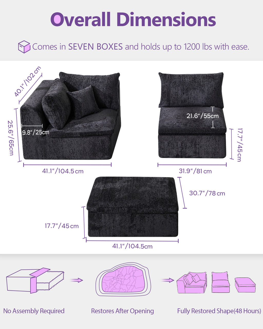 TYBOATLE 7 Seats Black Boneless Couch for Living Room, U Shaped Cloud Sectional Sofa w/Ottoman, Comfy L Shaped Boneless Modular Couch w/Memory Foam