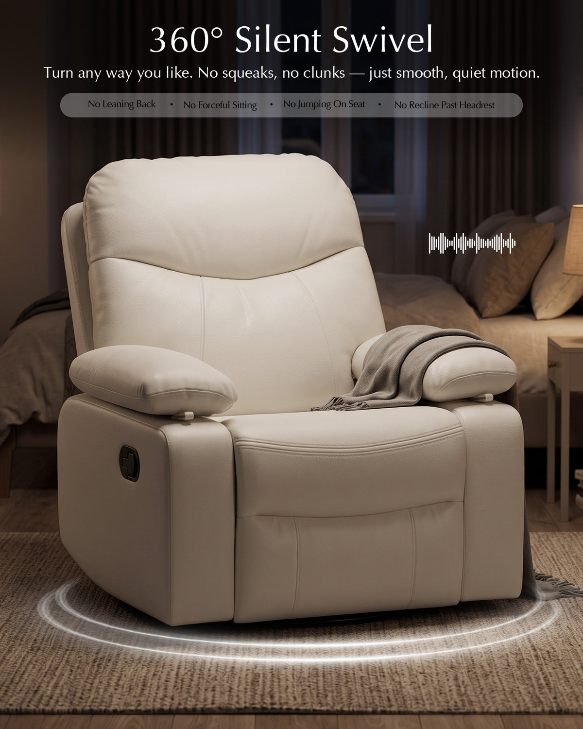 AODAILIHB Recliner Chair w/Adjustable Armrests for Adults White,360° Swivel, 30° Rocker, 135° Recline, Comfy White Leather Nursing Reclining Sofa Chair for Living Room, RV