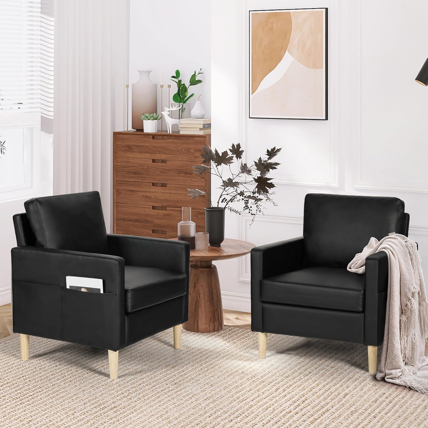 TYBOATLE Leather Chair w/Armrest Pockets, Solid Wood Accent Chairs Set of 2, Mid Century Modern Living Room Chairs, Comfy Waiting Room Reading Chairs for Bedroom, Office, Black