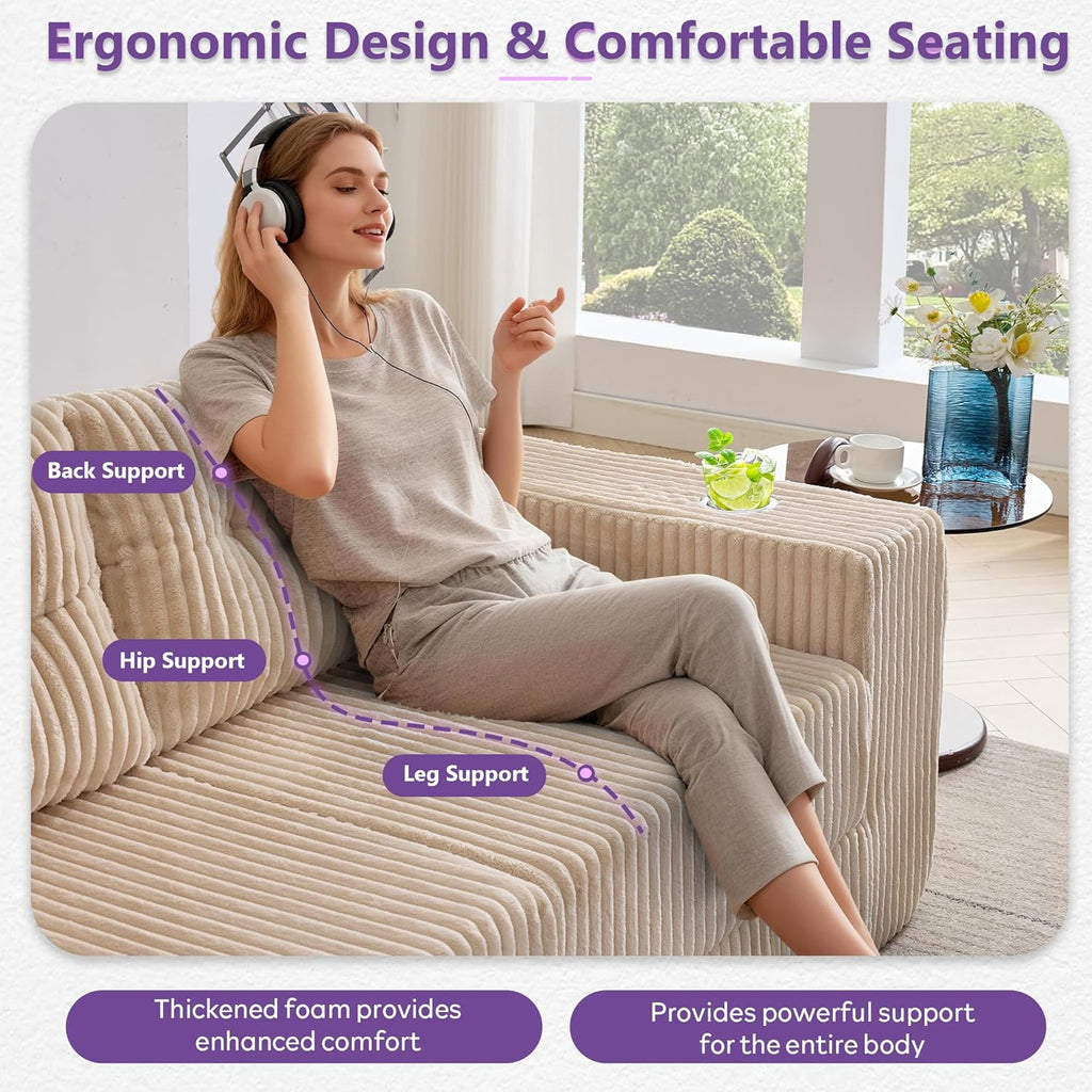 TYBOATLE Modular Sectional Sofa Couch, Corduroy Cloud Boneless Foam Couch with Deep Seats & Cup Holder, Modern Comfy Sleeper Sofa with L-Shape Chaise, No Assembly (Cream Beige)