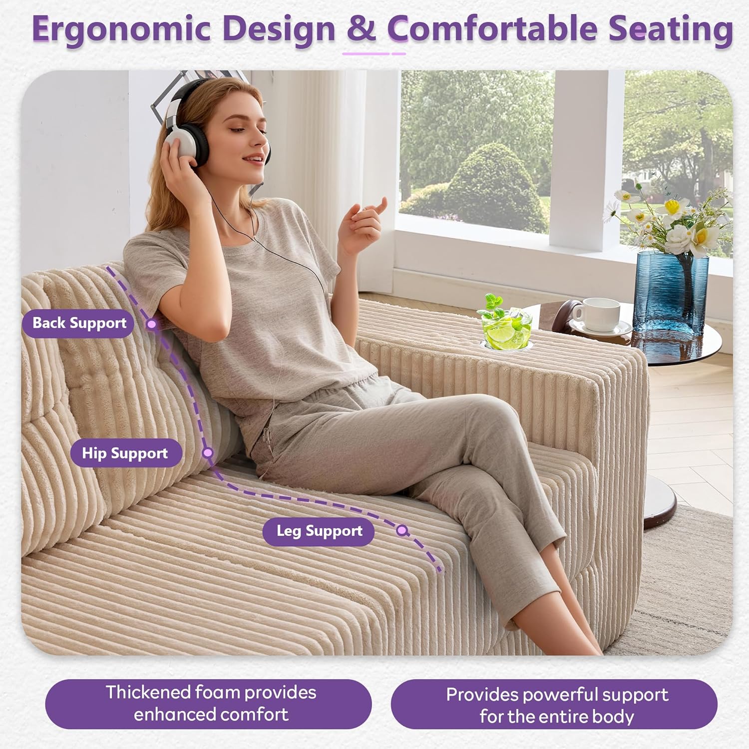 TYBOATLE Modular Sectional Sofa Couch, Corduroy Cloud Boneless Foam Couch with Deep Seats & Cup Holder, Modern Comfy Sleeper Sofa with L-Shape Chaise, No Assembly (Cream Beige)