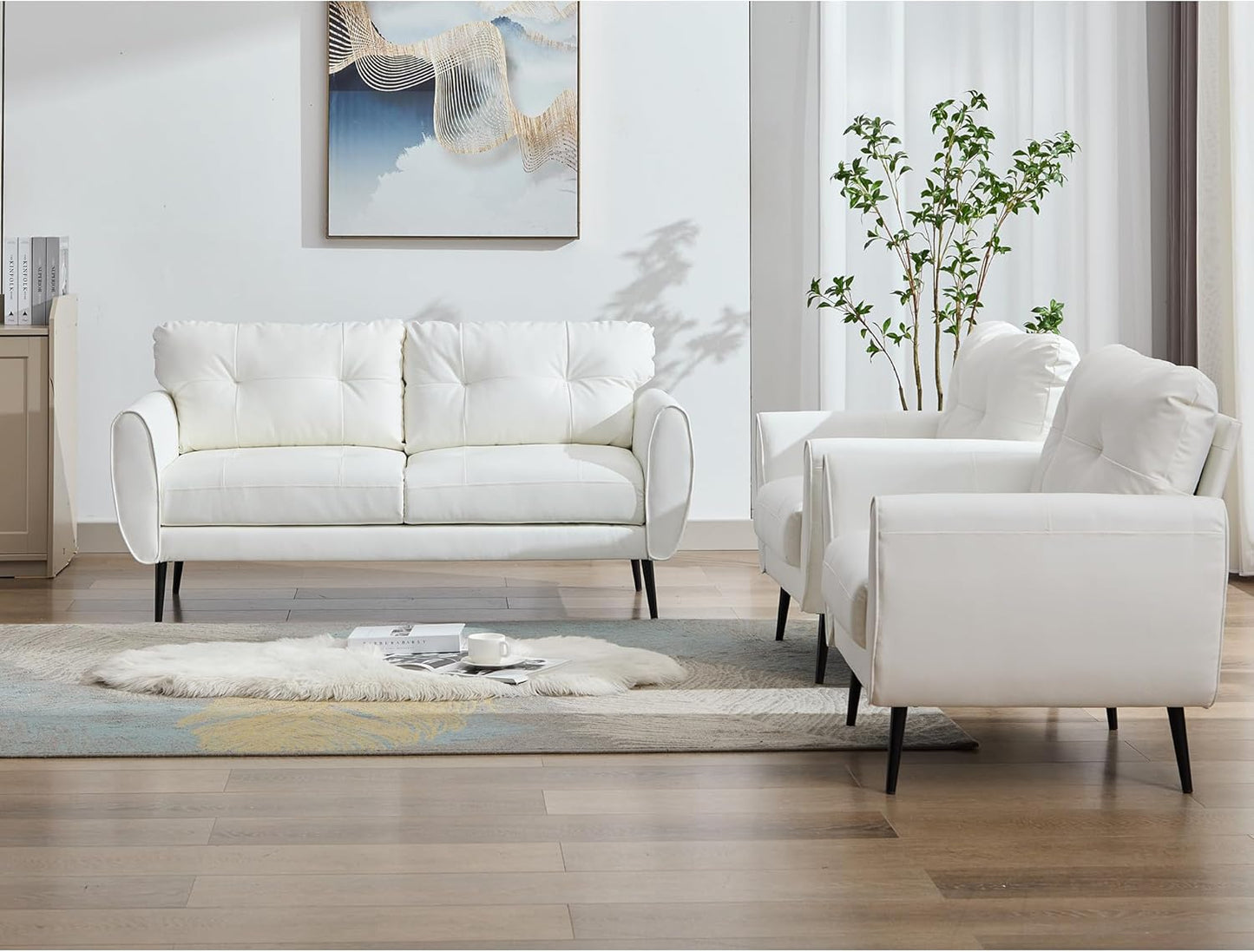 Sofa Couch 61" Small Loveseat Couches for Living Room White Leather Couch Mid Century Modern Tufted Mini Sofa Comfy Office 2 Seat Settee Love Seat Small Couches for Small Spaces Bedroom (3, White)