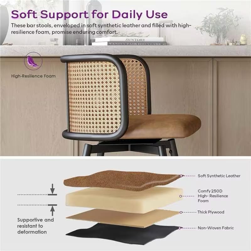 TYBOATLE Swivel Rattan Bar Stools Set of 2, 26” Counter Height Stools with Natural Rattan Woven Back and Faux Leather Seat, Mid-Century Modern Island Chairs Barstools for Kitchen, Brown