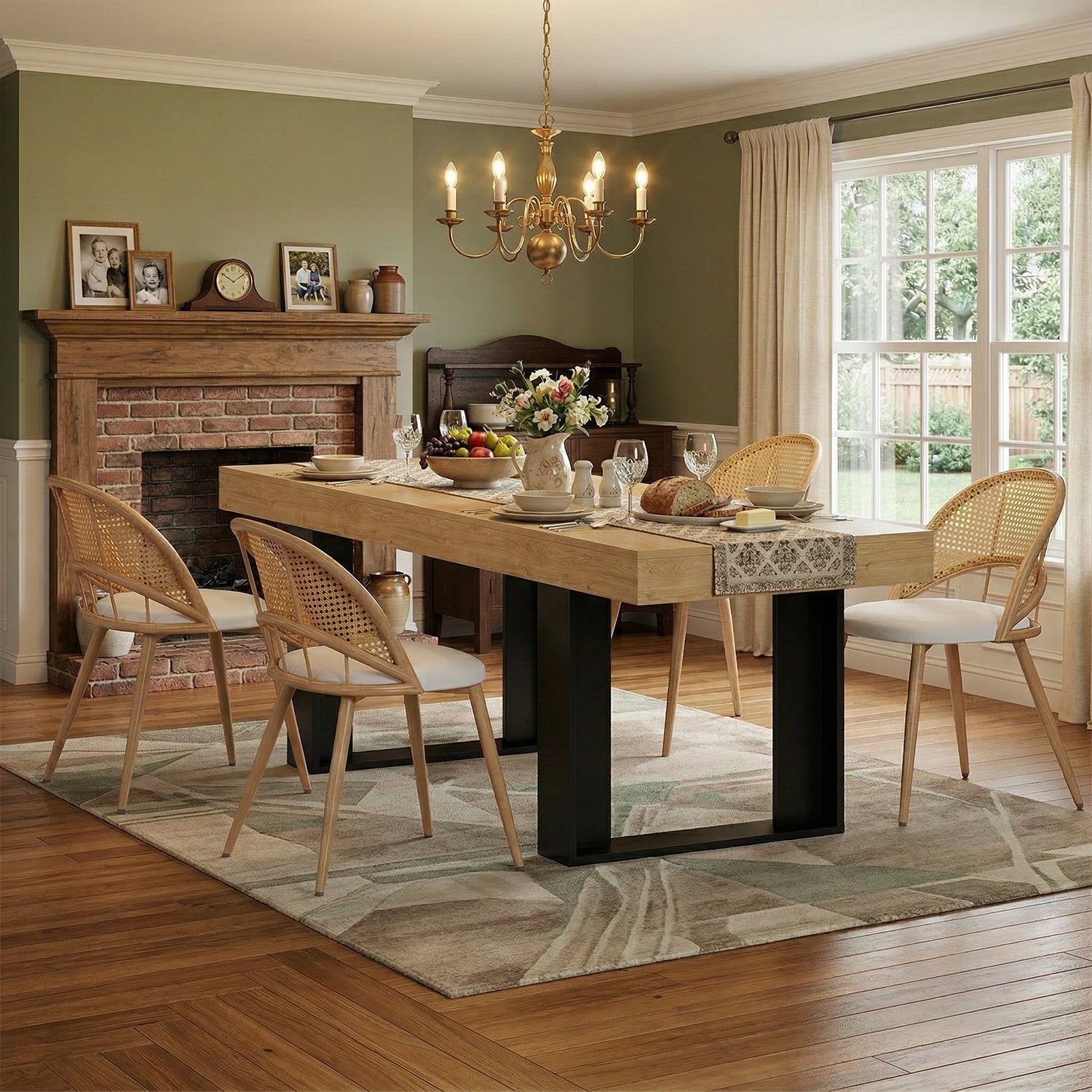 TYBOATLE 63'' - 79'' Extendable Dining Table Set for 4, Farmhouse Wooden Dining Room Table Set, 5 Piece Dinner Table Set with Upholstered Rattan Dining Chairs (Natural & White, 63''-79''- 4 Chairs)