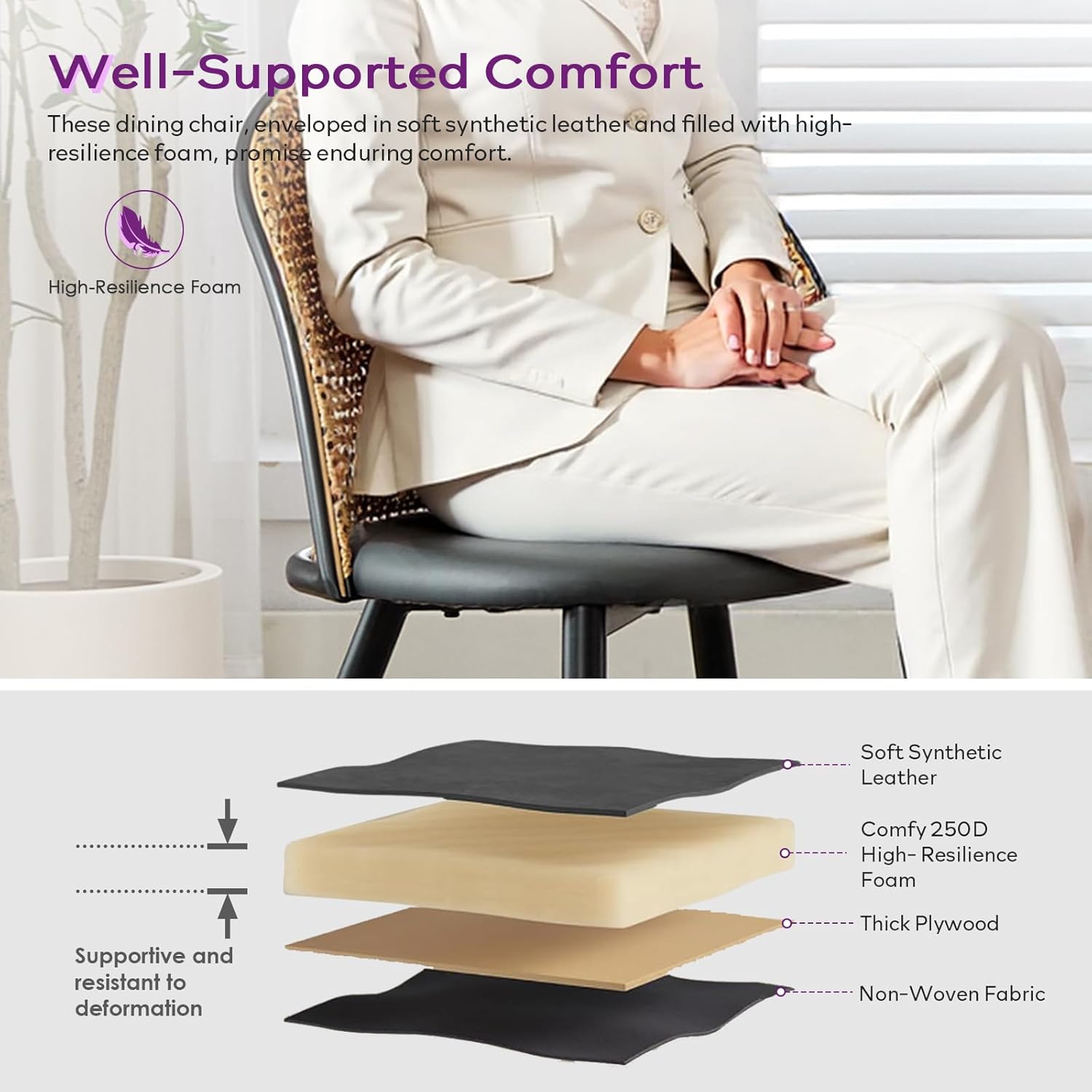 TYBOATLE Rattan Dinner Chairs Set of 4 with Faux Leather Cushion, Modern Dining Room Chairs w/Adjustable Foot Pads, Kitchen Boho Mid Century Upholstered, Black