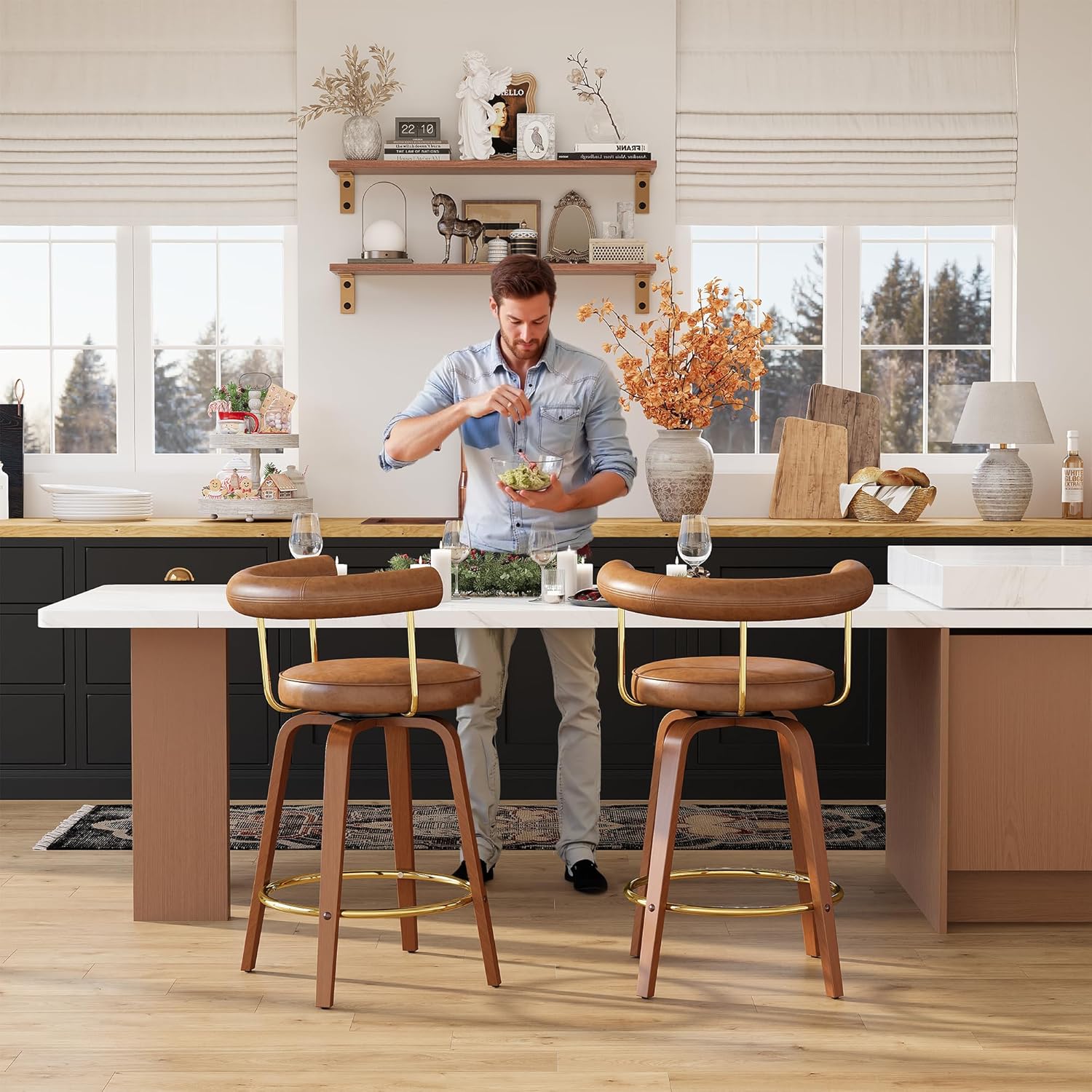 TYBOATLE Swivel Bar Stools Set of 2, Counter Height Bar Stools with Bent Wood Legs and Back, Mid-Century Modern Faux Leather Bar Chairs Island Barstools for Kitchen (2, Brown)