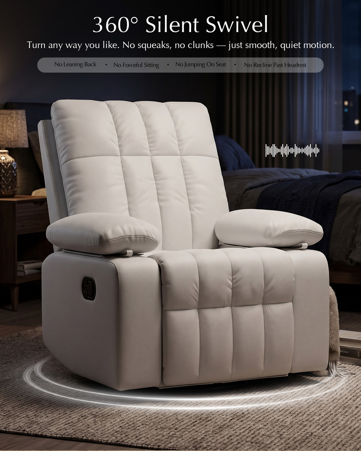AODAILIHB  Recliner Chair w/Adjustable Armrests for Adults 360° Swivel, 30° Rocker, 135° Recline, Comfy White Leather Nursing Reclining Sofa Chair for Living Room, RV