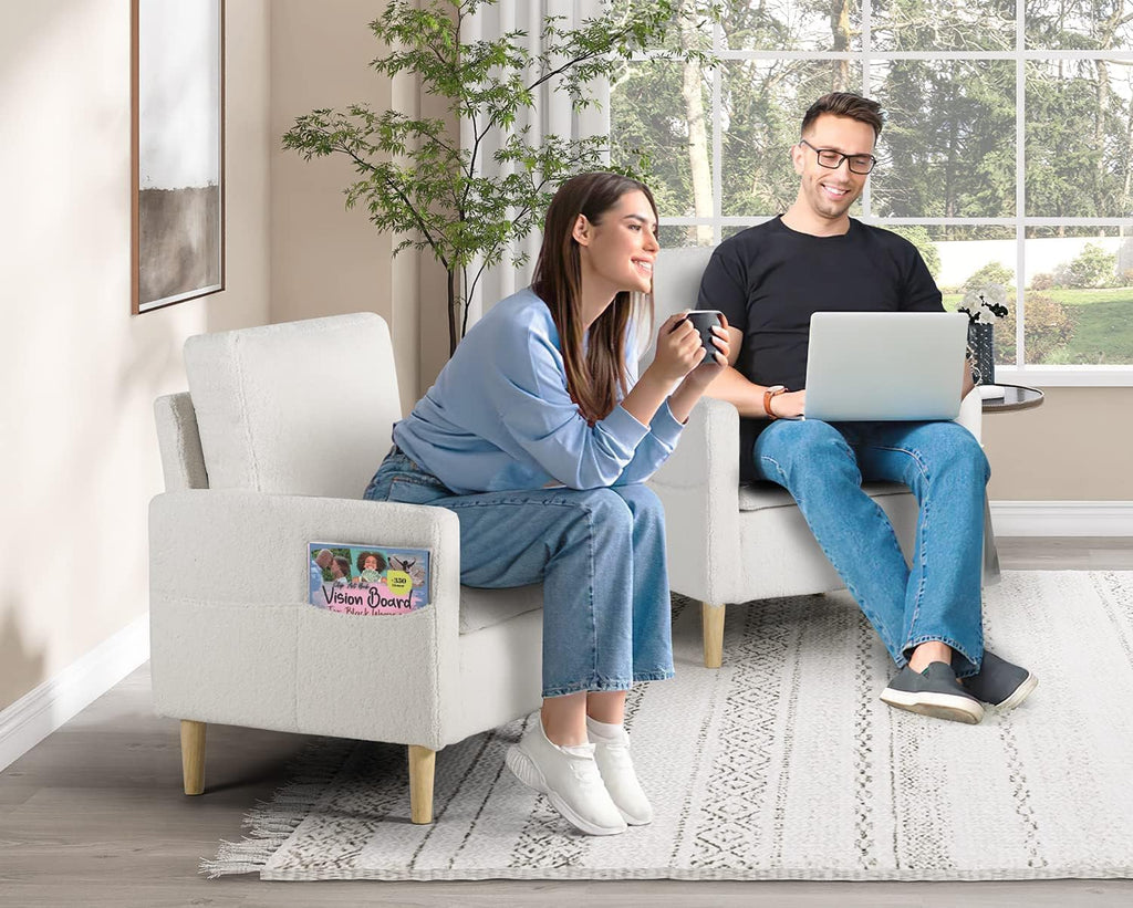 TYBOATLE Accent Chairs Set of 2, Modern Fabric Living Room Arm Chairs, Furry Cozy Upholstered w/Side Pocket, Comfy Waiting Room Chairs for Bedroom, Office, White