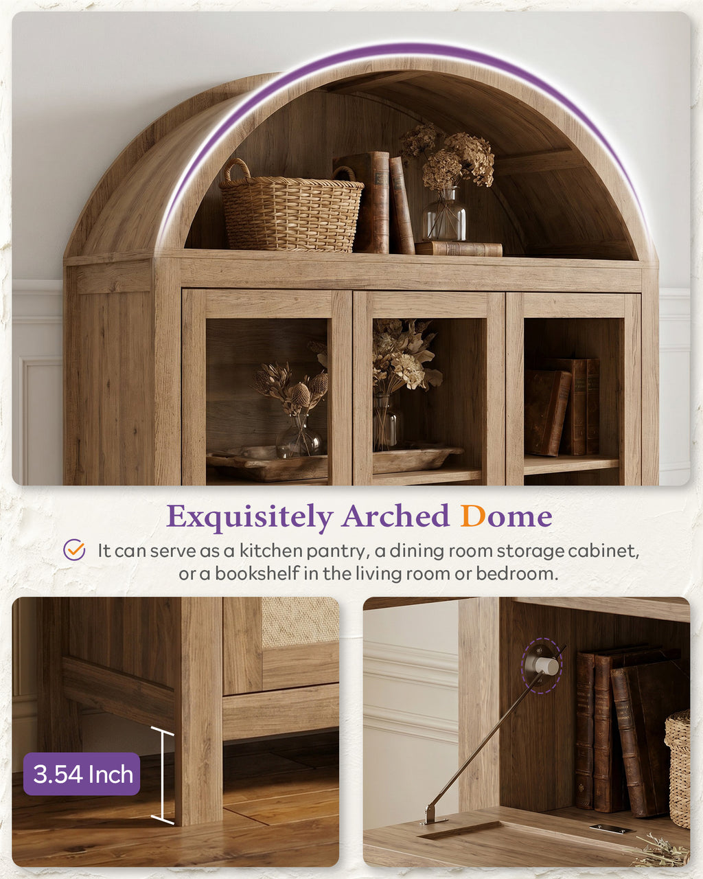 75'' Arched Cabinet, Arch Storage Cabinet w/Power Strip Kitchen, Natrual | TYBOATLE, Farmhouse Pantry Cabinet, Open Shelves, Soft-Close Doors, Anti-Tip Device, X-Frame Doors, Coffee Bar Storage
