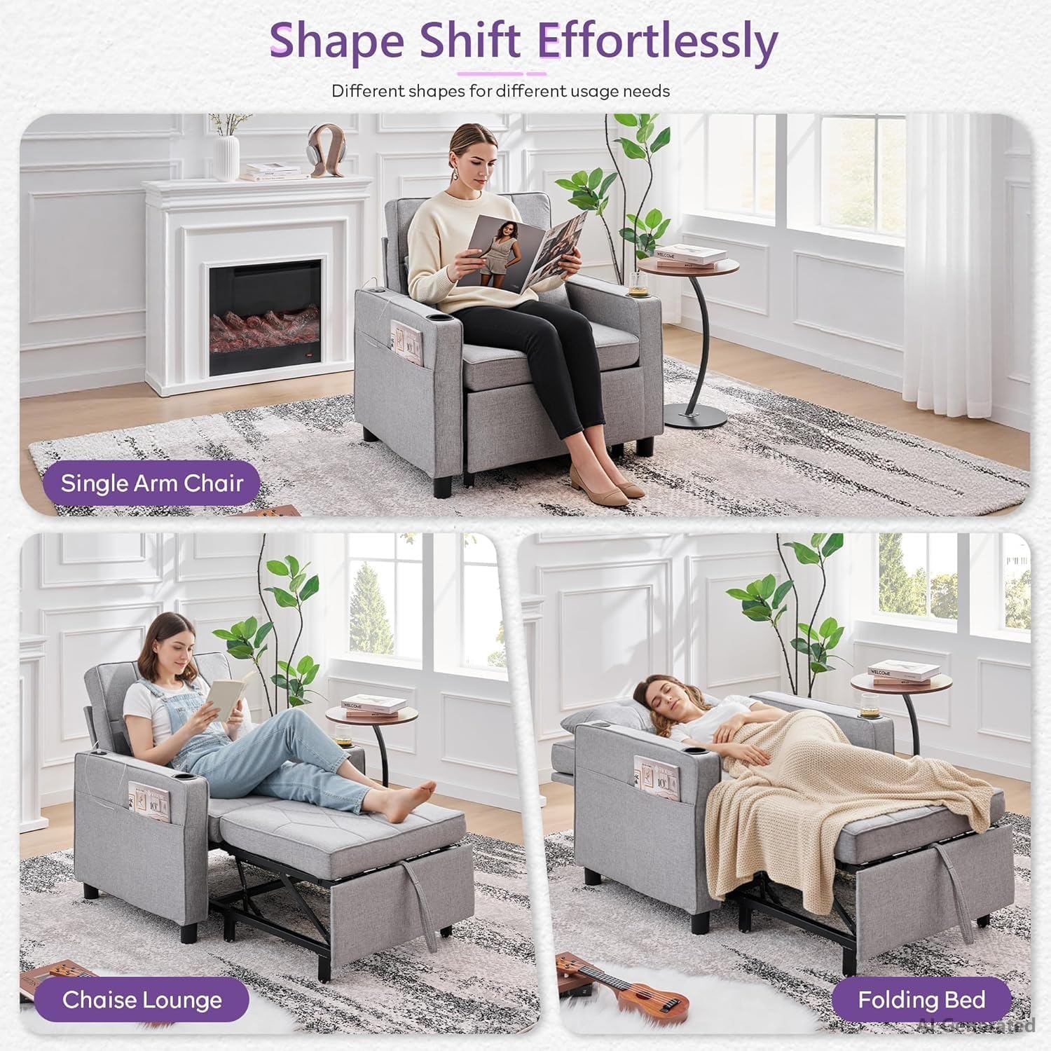 TYBOATLE Sleeper Chair for Adults, Convertible Pull Out Sofa Bed with Charging, Grey | Cup Holders, Side Pockets, Living Room, Bedroom, Small Space