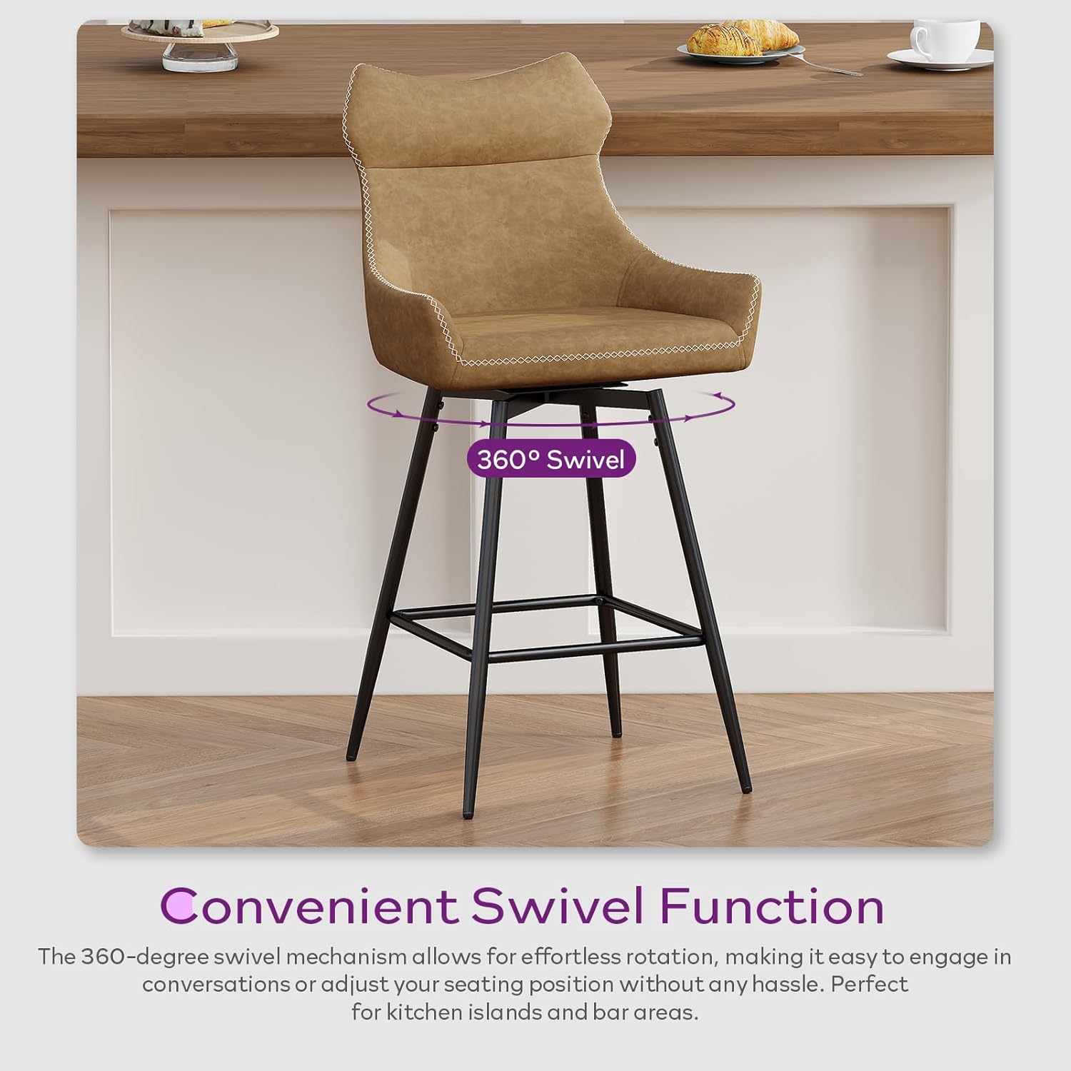 TYBOATLE 26” Leather Swivel Bar Stools Set of 4, Counter Height Bar Stools with Metal Legs, Height-Adjustable Upholstered Faux Leather Barstools for Kitchen Counter, Brown