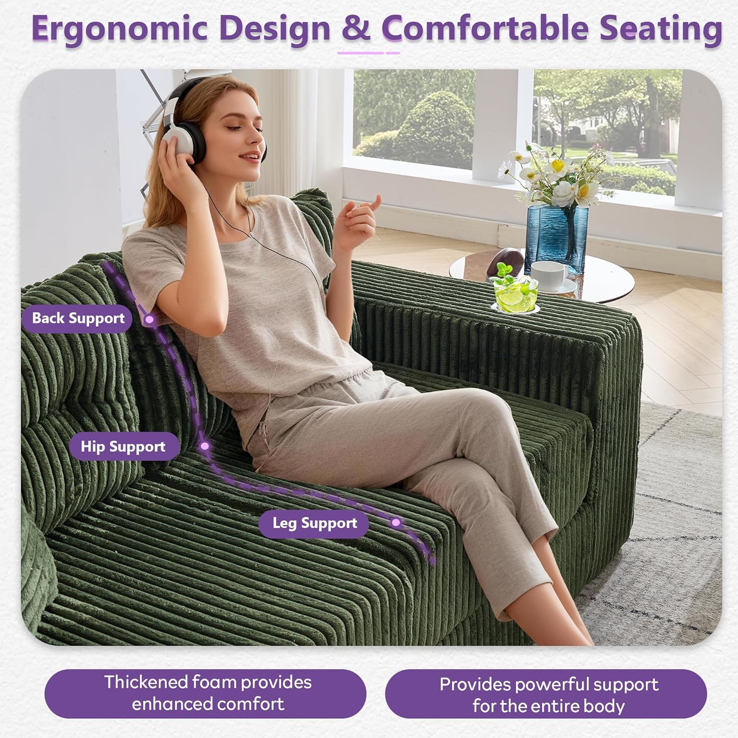 TYBOATLE Modular Cloud Sofa Loveseat with Ottoman, Corduroy Boneless Sectional Foam Couch with Deep Seats, Modern Convertible Sleeper Sofa Bed for Living Room, No Assembly (Forest Green, 2 Seat)