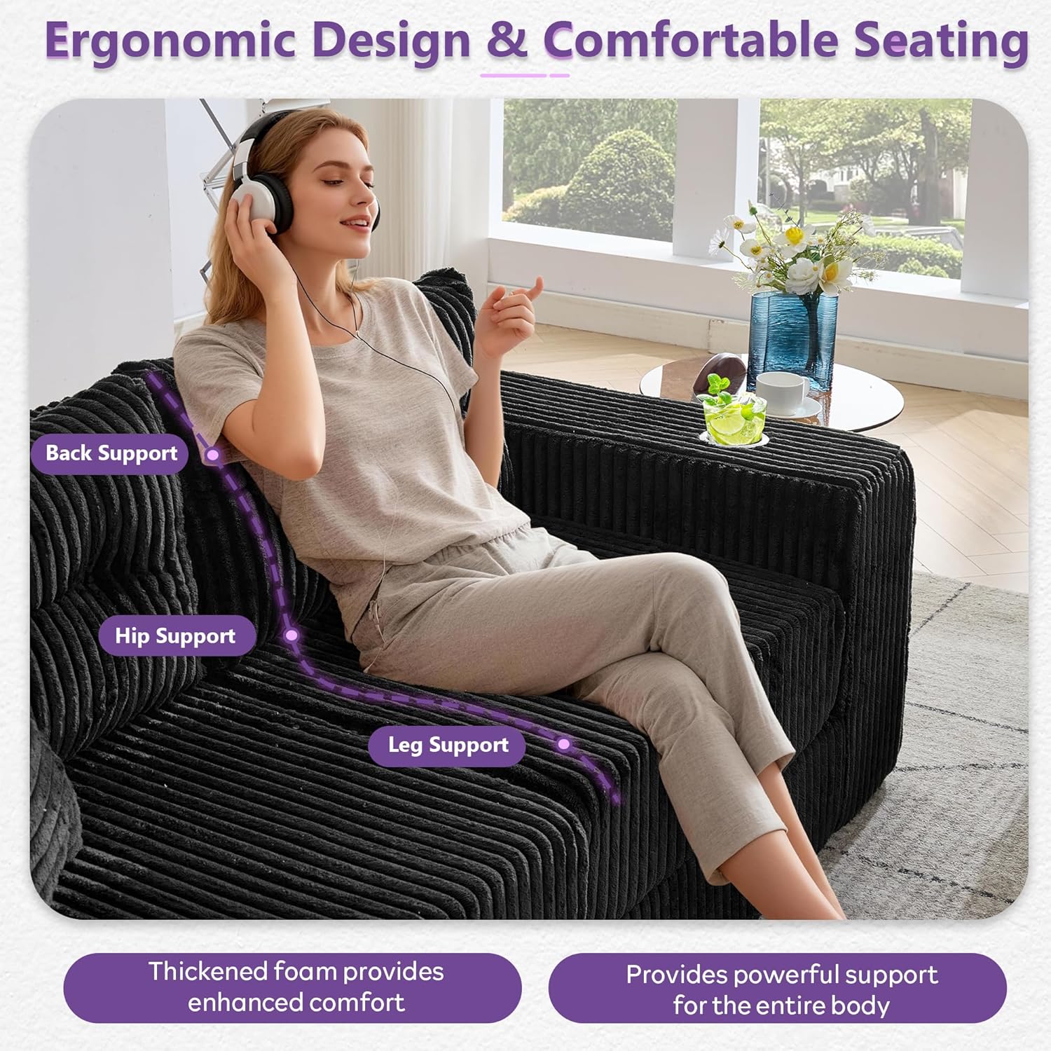 TYBOATLE Modular Sectional Couch, Corduroy Cloud Boneless Foam Sofa Couch with Deep Seats & Cup Holder, Modern Comfy Sleeper Sofa with L-Shape Chaise, No Assembly (Black, 3 Seat)