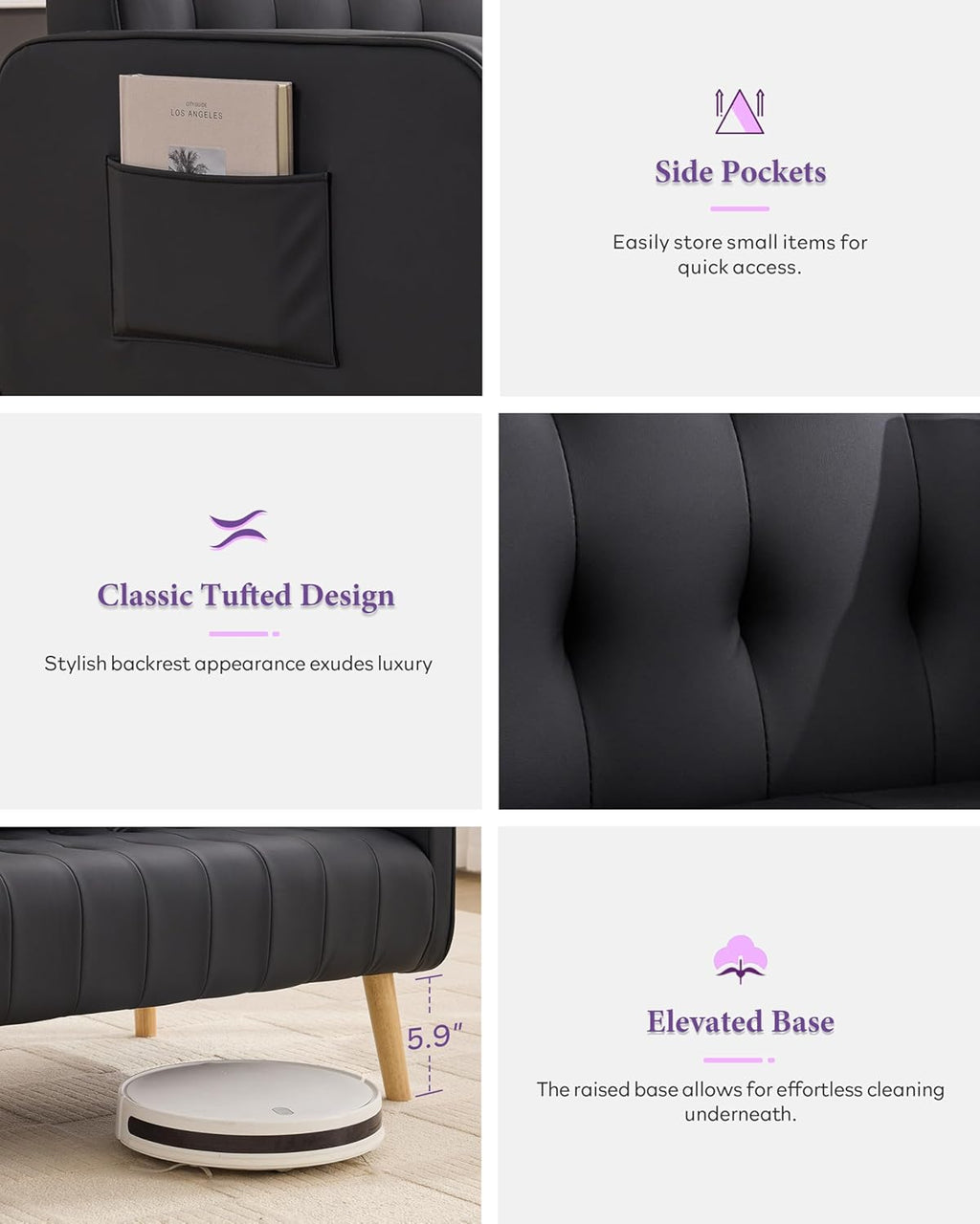 TYBOATLE Leather Accent Chair Set of 2, Mid-Century Modern Living Room Chair with Pocket and Wooden Legs, Tufted Cozy Office Reading Chair, Armchair for Living Room, Waiting Room, Bedroom (Black, 2)