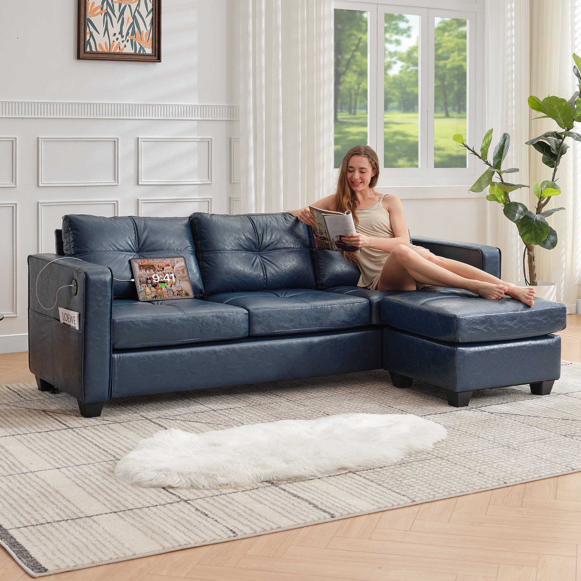 TYBOATLE 88" W Blue Faux Leather L Shaped Sectional Couches w/Side Pockets, Comfy Modular Convertible Sofas w/USB, Office Sofa Set with Chaise for Living Room, Bedroom (Blue, 3L)