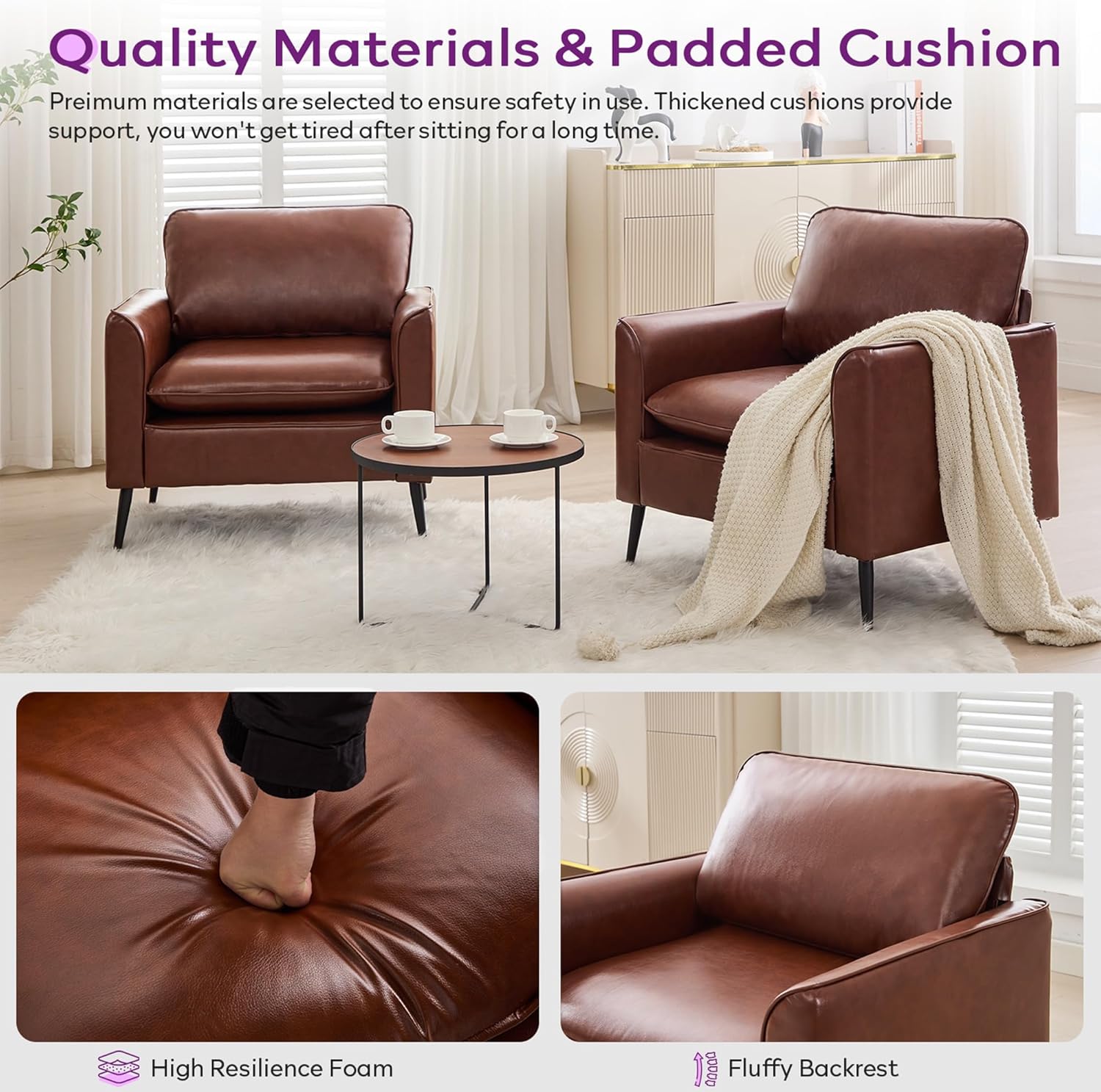 TYBOATLE Accent Chairs Set of 2, Comfy Faux Leather Living Room Chairs, Mid Century Modern Sofa Chairs, Cozy Office Reading Chair, Armchairs for Bedroom, Office, Living Room (Brown)