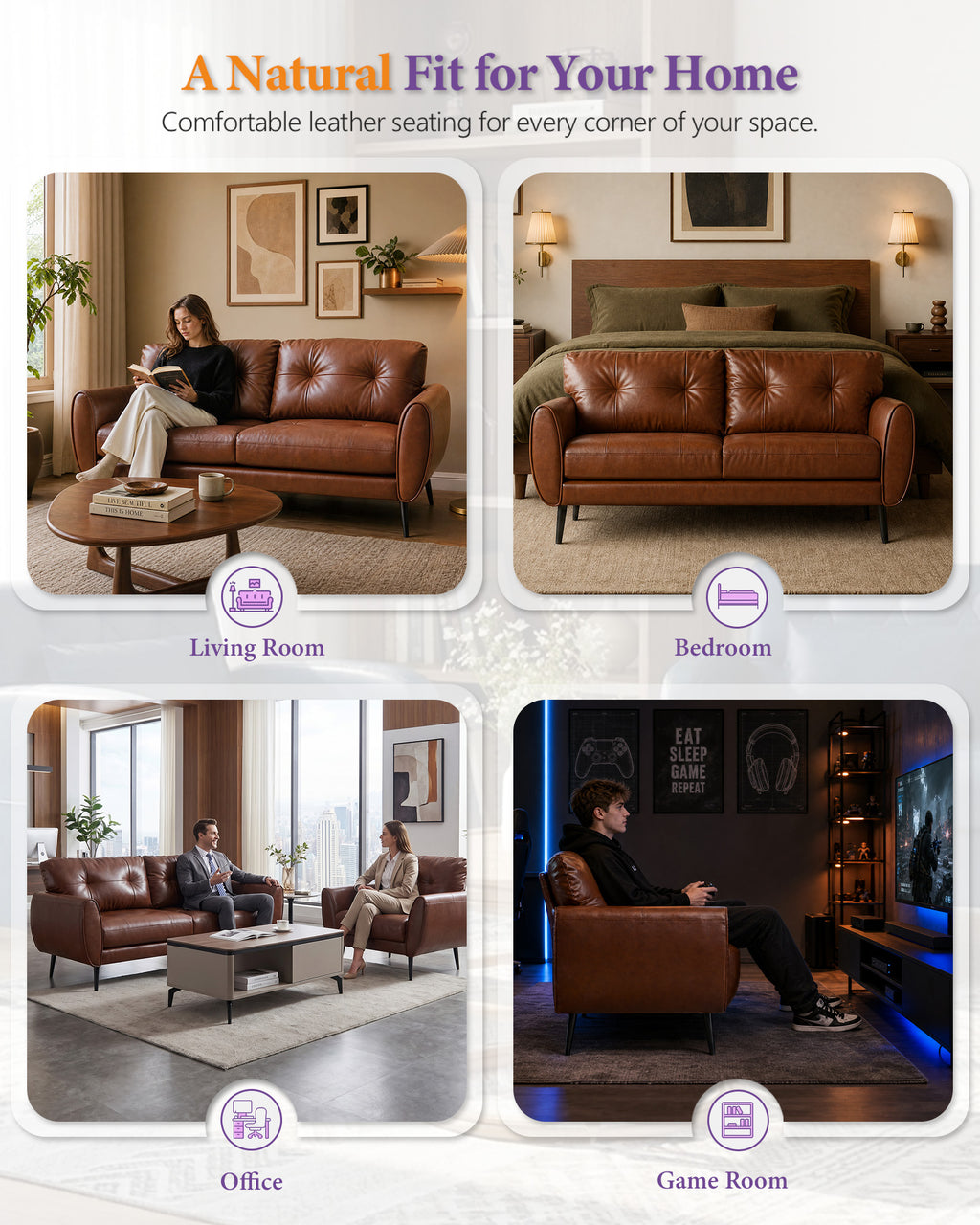 TYBOATLE 2 Piece Living Room Sets, Small Leather Loveseat and Chair, Brown
