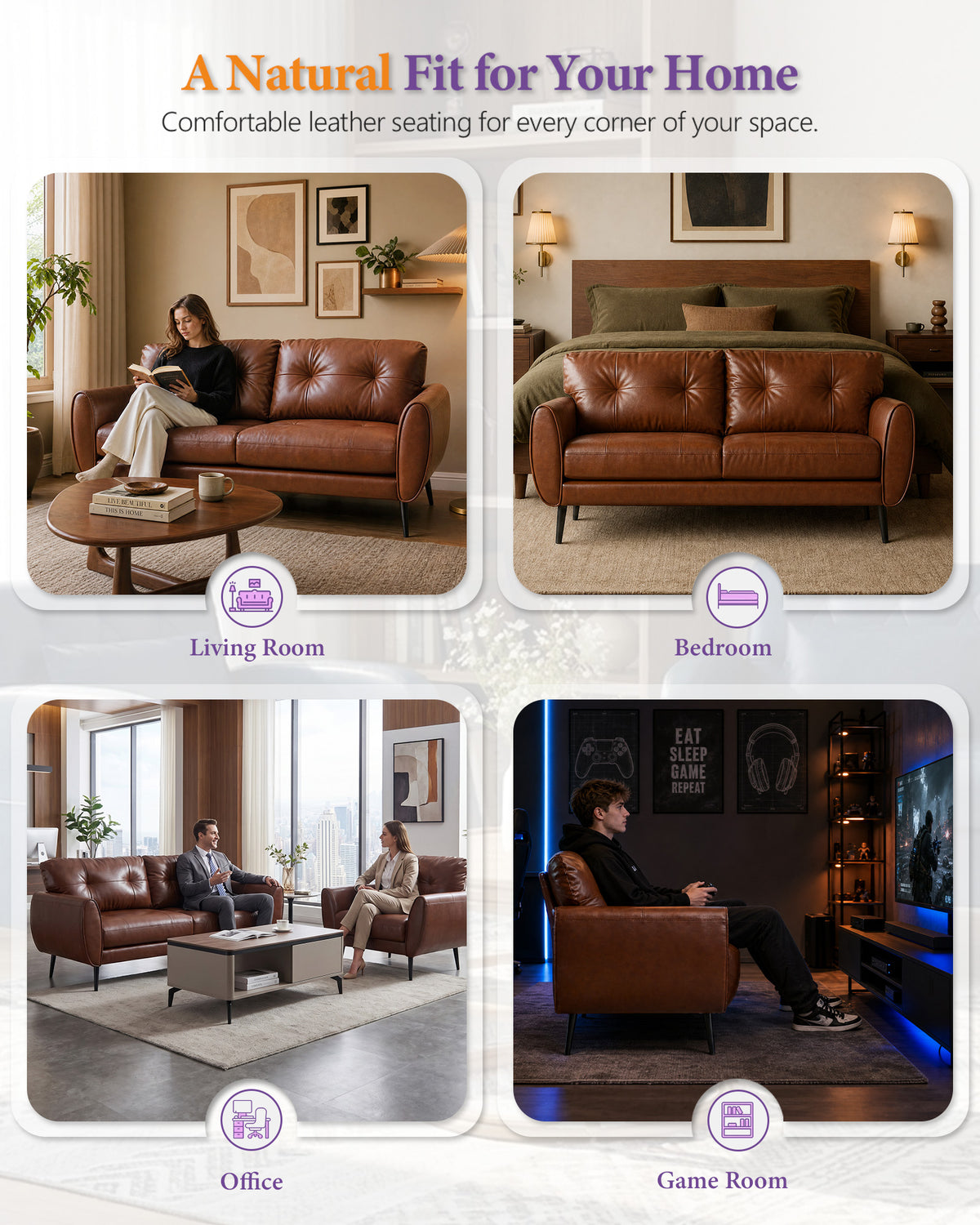 TYBOATLE 2 Piece Living Room Sets, Small Leather Loveseat and Chair, Brown
