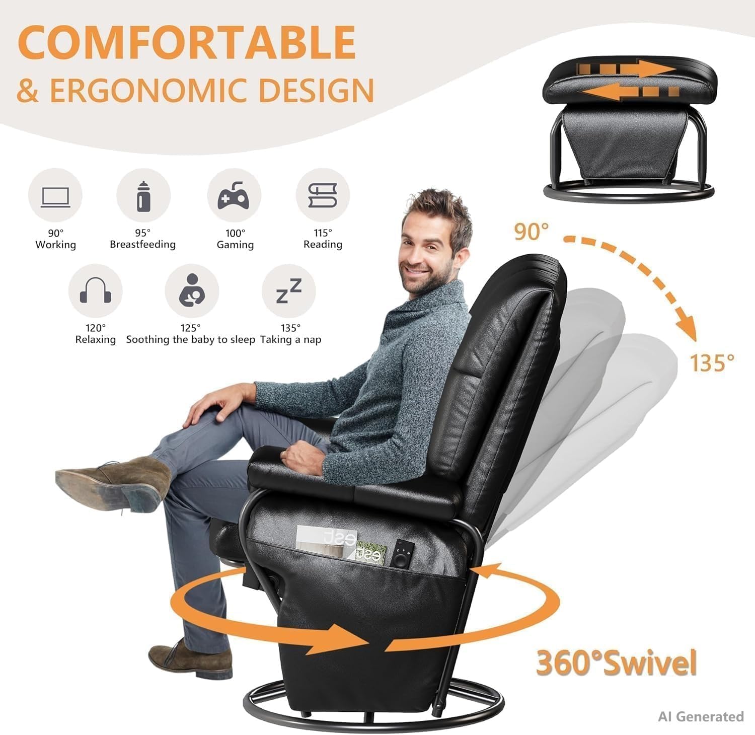 JIASTING 360° Swivel Recliner Chair, Nursing Glider Rocking Recliner Chair with Ottoman & Side Pockets, Gliding Chair for Nursery, Office, Living Room, Bedroom, Metal Frame