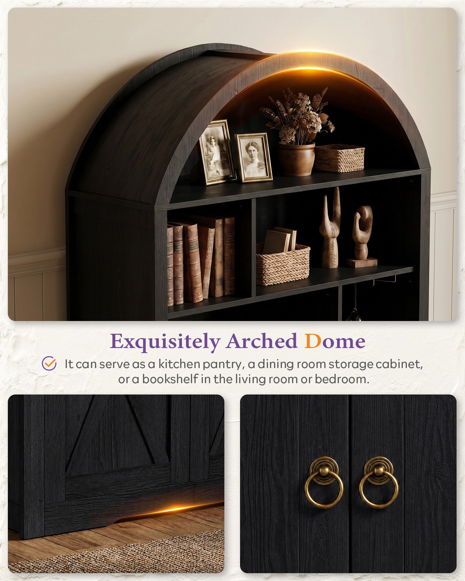 75'' Arched Cabinet, Arch Storage Cabinet with Power Strip Kitchen Dining | TYBOATLE, Farmhouse Pantry Cabinet, Open Shelves, Soft-Close Doors, Anti-Tip Device, X-Frame Doors, Coffee Bar Storage