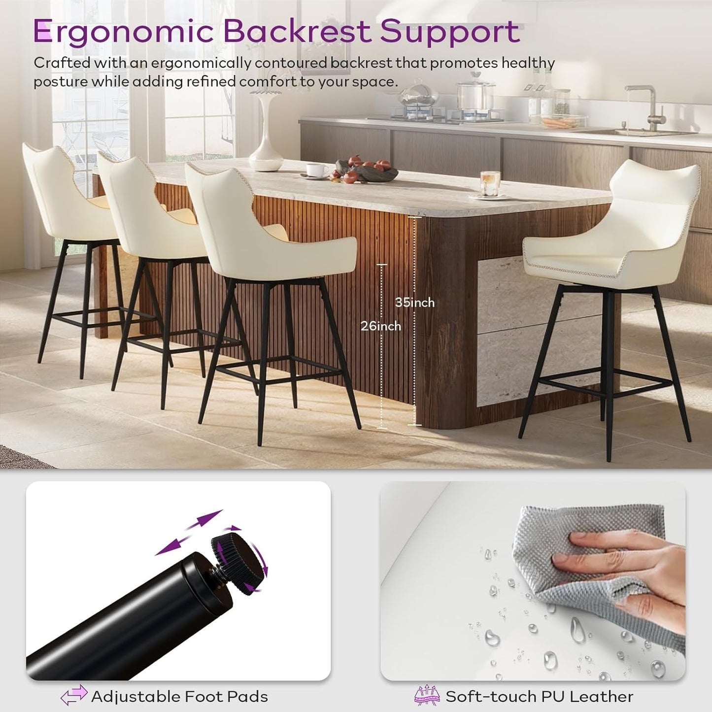 TYBOATLE 26” High Back Leather Swivel Bar Stools Set of 2, Counter Height Bar Stools with Metal Legs, Height-Adjustable Upholstered Faux Leather Barstools for Kitchen Counter, White