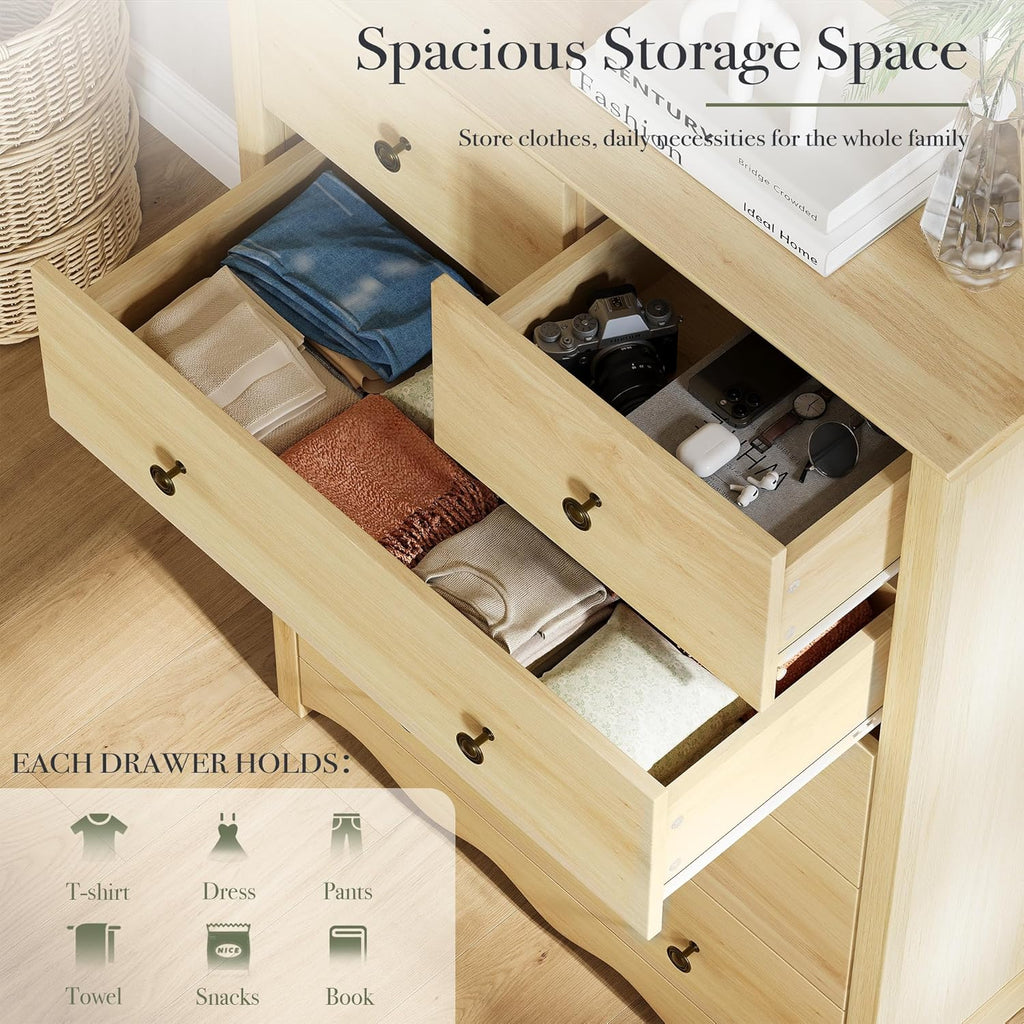 CHYMSUN Dresser for Bedroom with 6 Drawers, 44” Tall Modern Wood Dresser Chest of Drawers with Metal Handle, Farmhouse Natural Solid Wooden Dressers Organizer for Living Room, Hallway