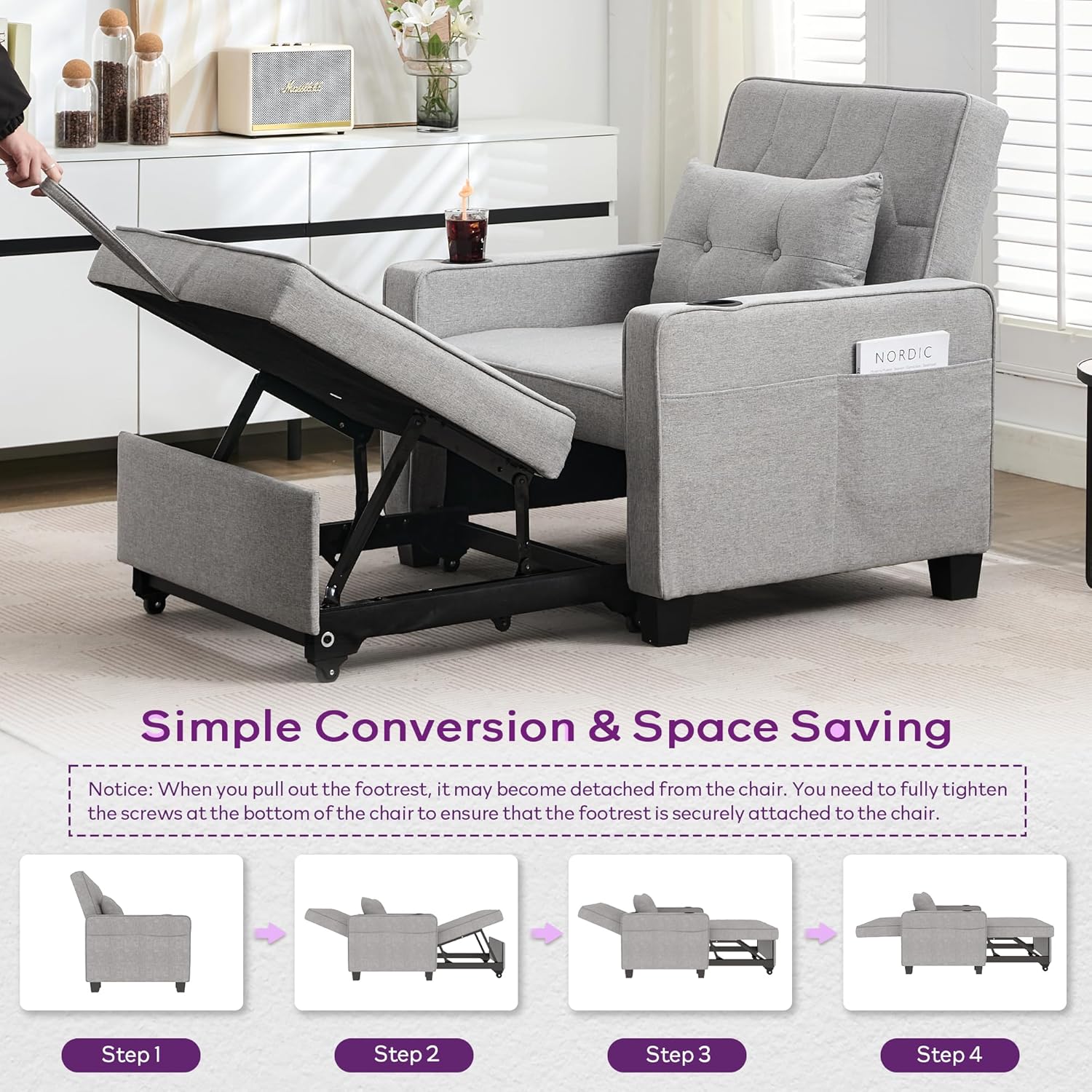 TYBOATLE Convertible Sleeper Chair Bed for Adults, 3-in-1 Pull Out Sofa Chair Bed with USB/Type-C Ports, Cup Holders, Side Pockets, Single Sofa for Living Room, Bedroom, Small Space (Gray)