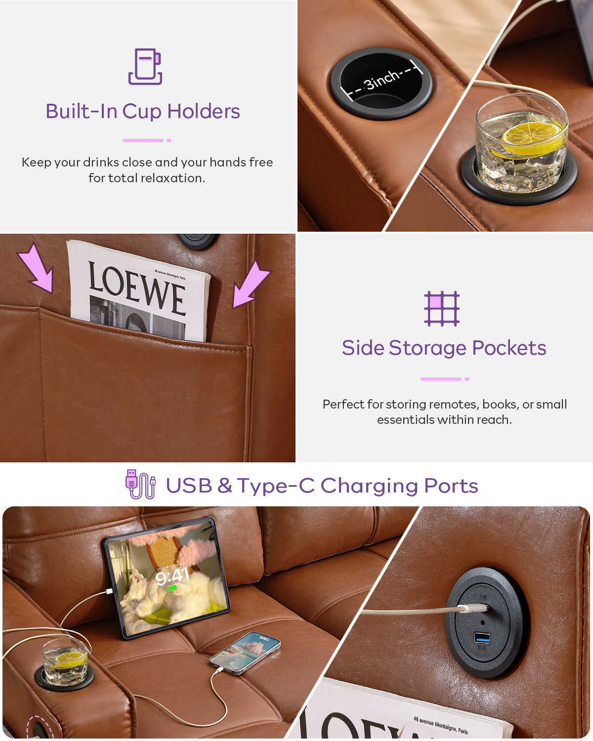 TYBOATLE 116’’ W Brown Faux Leather Sectional Couch w/USB and Cup Holders for Living Room, Comfy Tufted U Shaped Modular Convertible Sofa w/Chaise Lounge, Office Leather Sofa for Bedroom