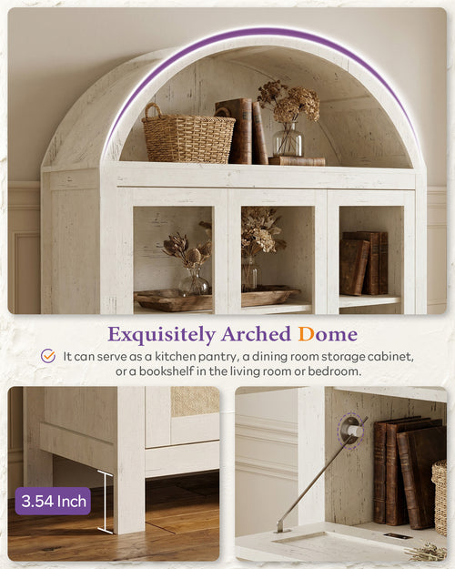 75'' White Arched Cabinet, Arch Storage Cabinet, Pantry with 3 Glass Doors | TYBOATLE, Pantry Cabinet, Farmhouse Style, Rattan Drawers, Anti-Tip Device, Kitchen, Bathroom, Dining Room, Cupboard Storage