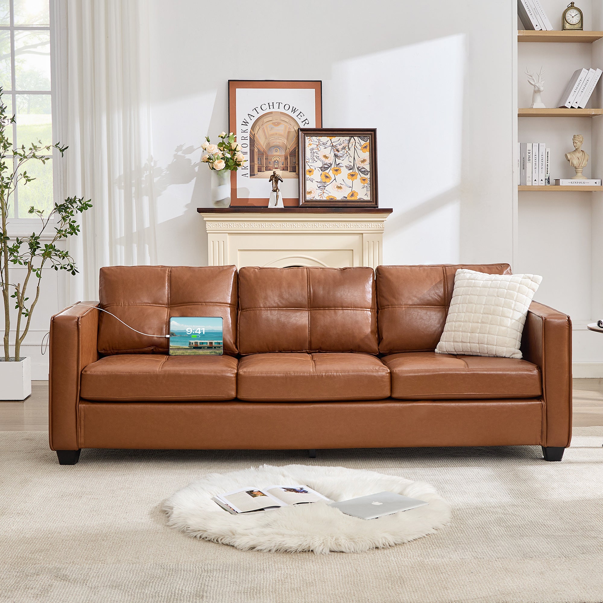 TYBOATLE 88" W Faux Leather Couch w/Side Pockets, Mid-Century Modern Tufted Comfy Leather Couches w/USB and Wider Arms, 3 Seater Sofa for Office, Apartment, Bedroom, Brown (Brown, 3 Seater)