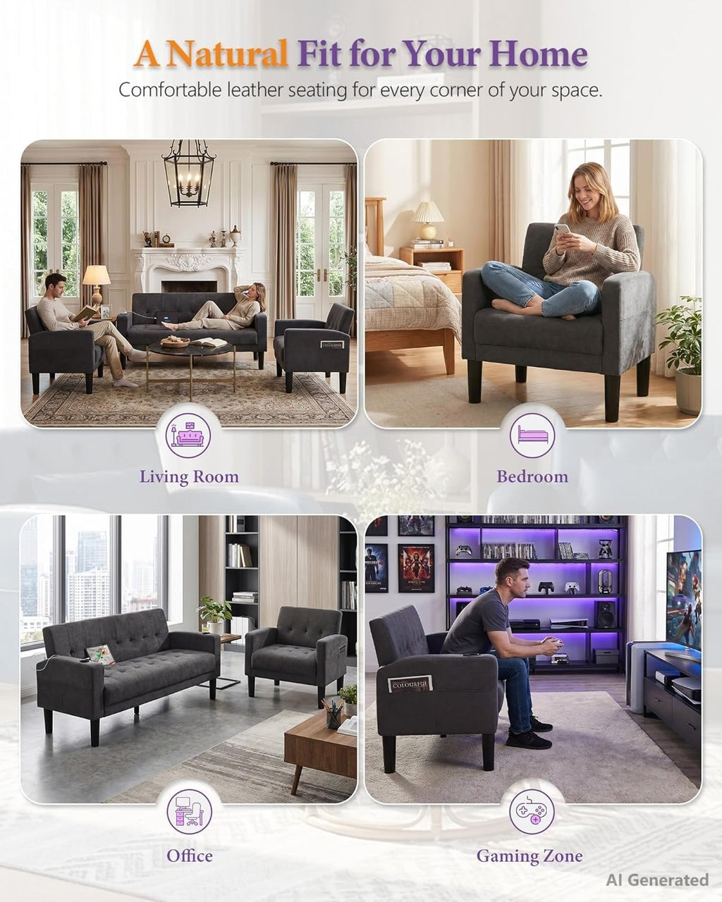 TYBOATLE Grey Couch and Chairs, 3 Piece Living Room Furniture Set with USB & Type-C