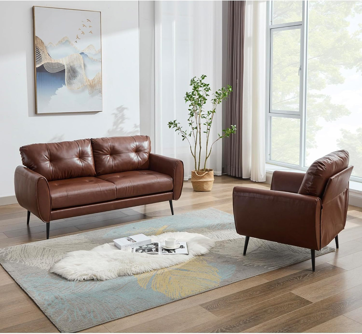 TYBOATLE Sofa Couch 61" Small Loveseat Couches for Living Room White Leather Couch Mid Century Modern Tufted Mini Sofa Comfy Office 2 Seat Settee Love Seat Small Couches for Small Spaces Bedroom (2, Brown)