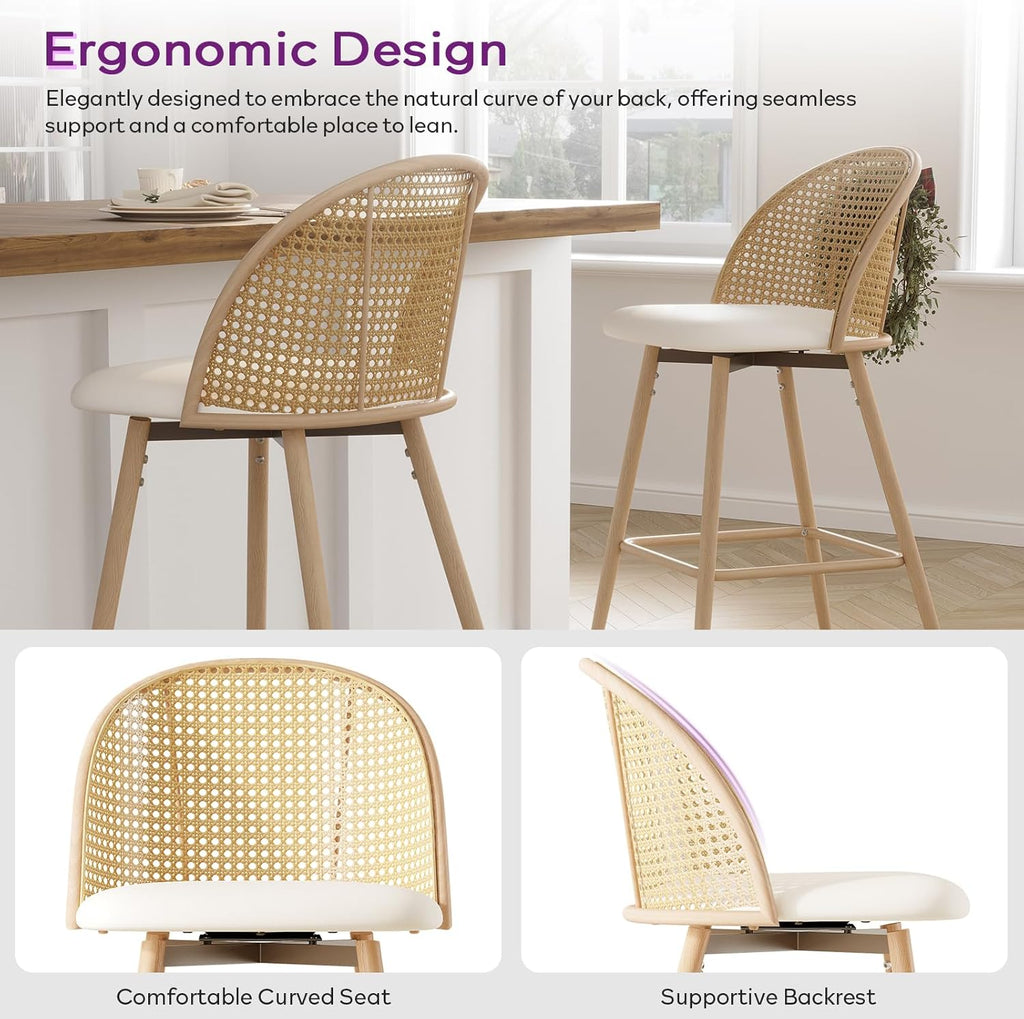 TYBOATLE 26'' BarStools Set of 2 w/Rattan Backrest, Swivel Counter Height Bar stools w/Metal Legs, Modern Mid-Century Boho Bar stools with Faux Leather for Kitchen Island, Dining Room, White