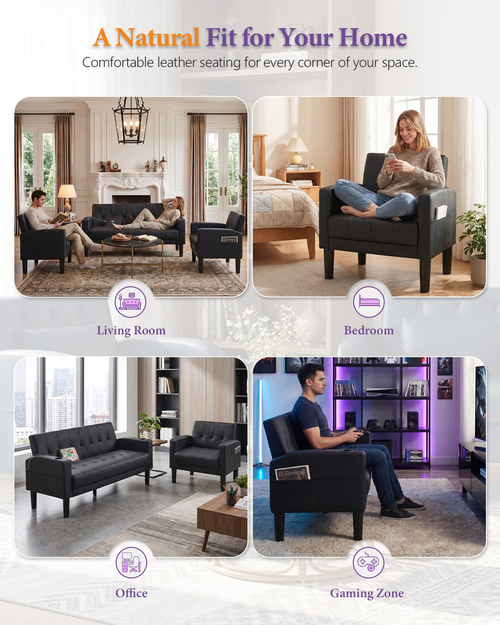 TYBOATLE Living Room Furniture Set, PU Leather Couch and Chairs Set with USB & Type-C Ports, Black Sofa Set with Cup Holders, Loveseat Sofa and 2 Matching Chairs for Apartment, Office, Bedroom