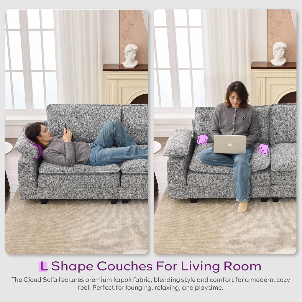 TYBOATLE 122'' Sofa Set for Living Room, Premium Kapok Fiber Sectional Couch with Chairs, Comfy Cloud Couch w/Adjustable Wider Armrest, Deep Seat Upholstered Modular Sofa for Appartment, Grey