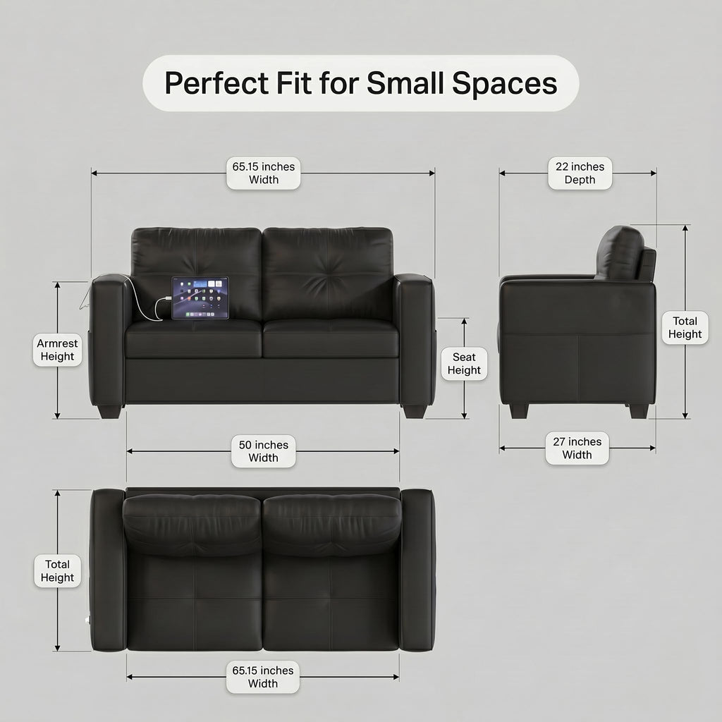 CHYMSUN 2-Seater Leather Small Couch, 65'' Faux Leather Loveseat w/USB Charging